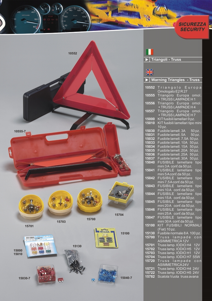 Triangoli emergenza omologati, fusibili e truss lampade da Prodotti Record