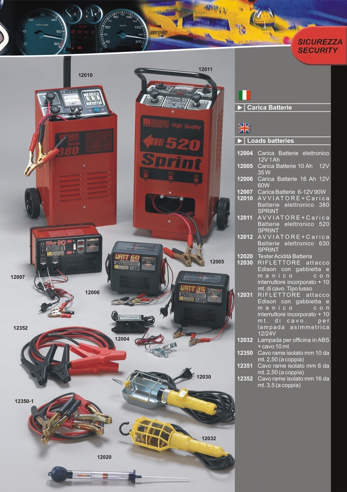 Battery charger and battery starters from 35W to 100W by Prodotti Record Lucca Italy.