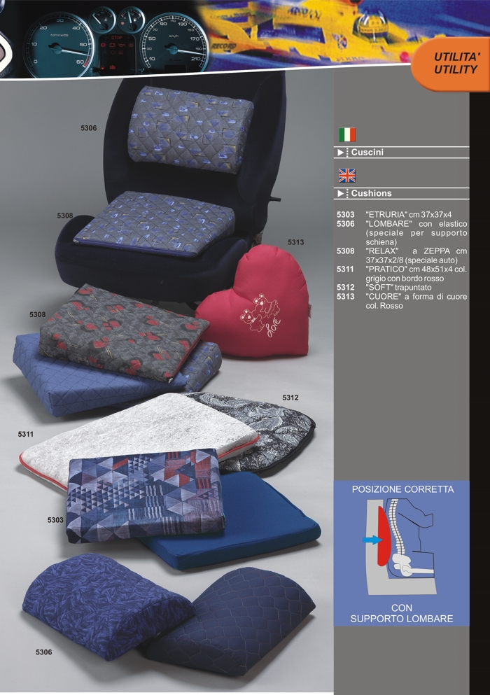 Products Catalogue - Car back cushions by Prodotti Record Lucca Italy.